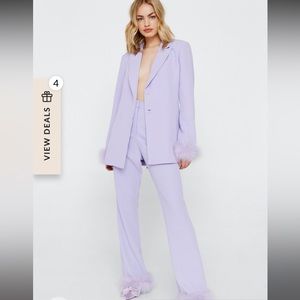 Nasty Gal- Belted Blazer With Feather Cuffs + 
Feather Hem Flared Co Ord Pants